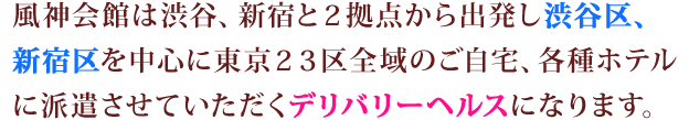 風神会館は渋谷、新宿と2拠点から出発し渋谷区、新宿区を中心に東京23区全域のご自宅、各種ホテルに派遣させていただくデリバリーヘルスになります。